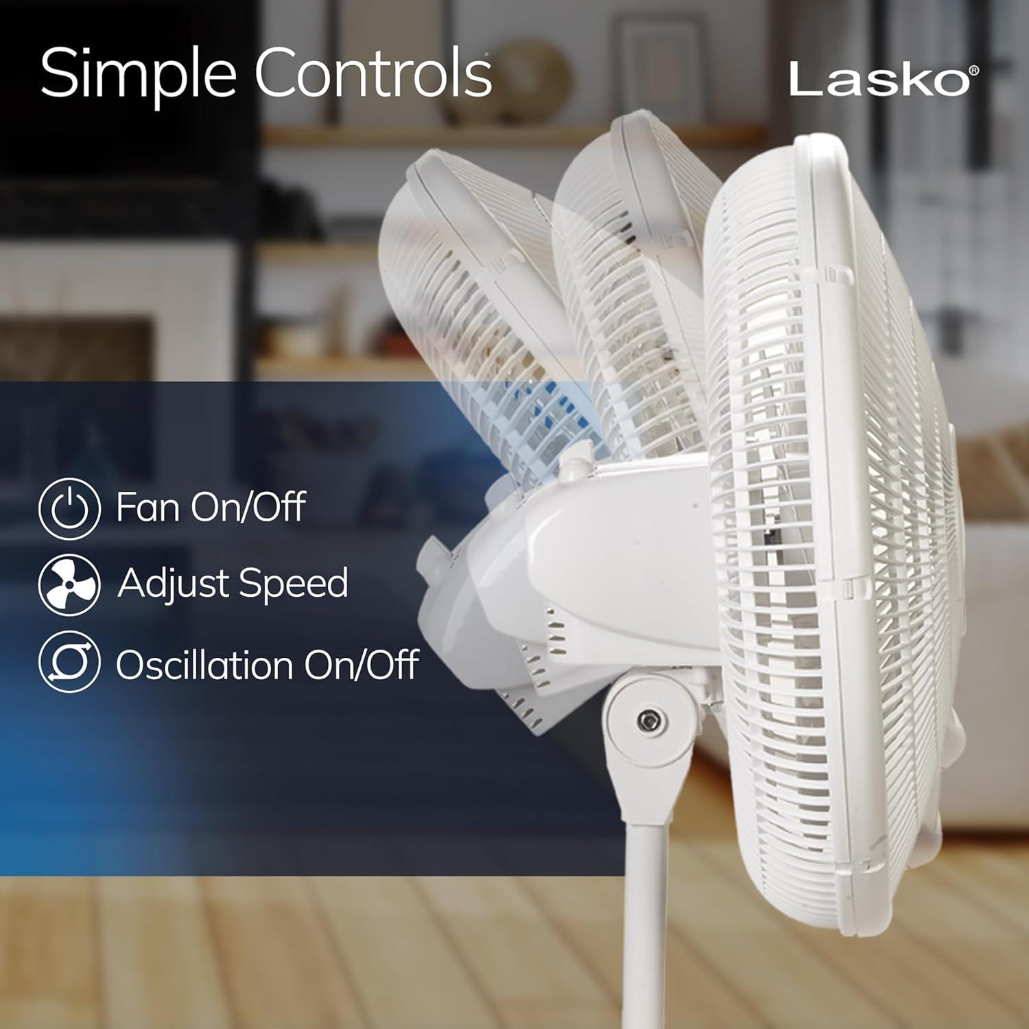 image:imageLasko 2520 16 Inch 3Speed Quiet Adjustable Tilting WideArea Oscillating Standing Pedestal Fan for Bedroom Kitchen Home and Office White