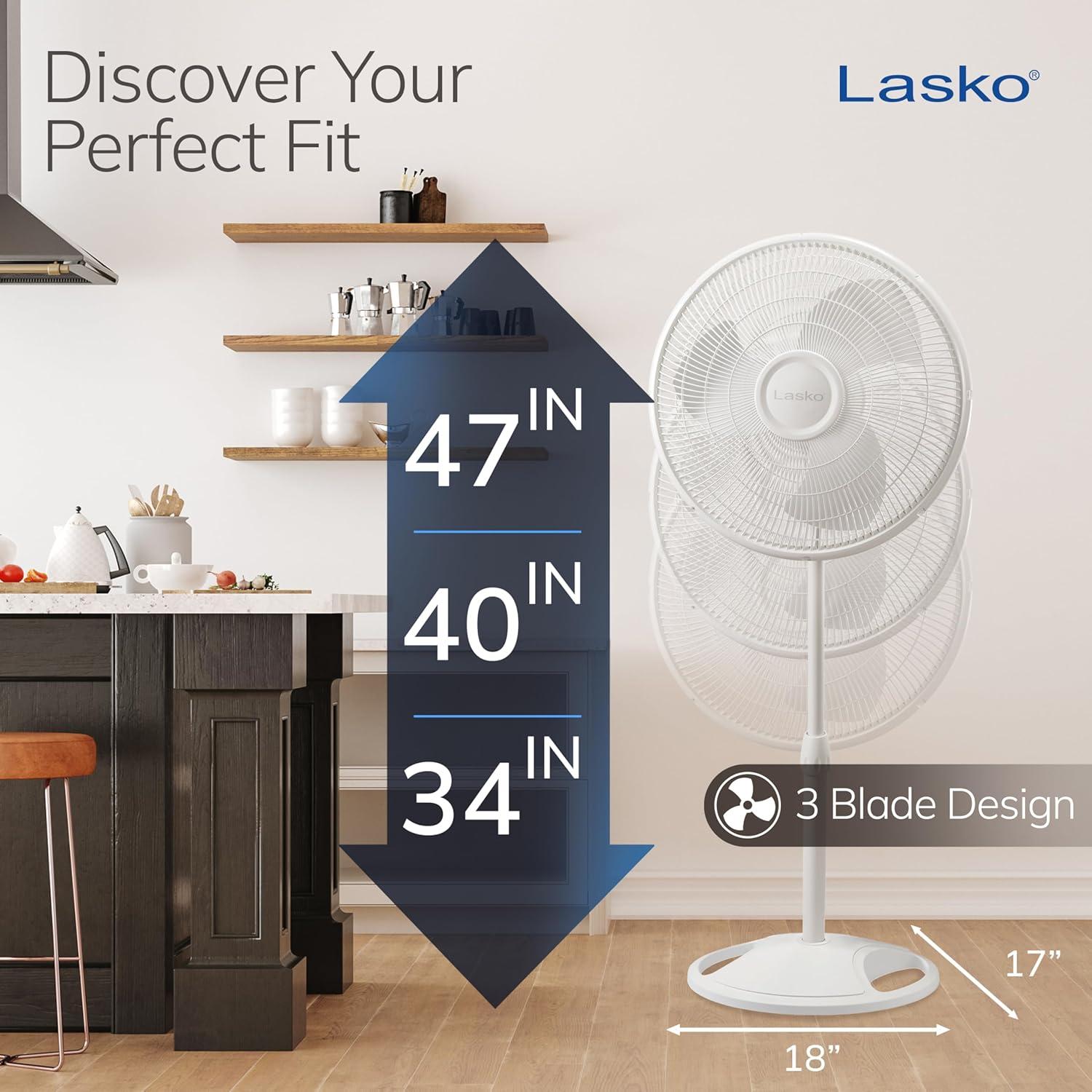image:imageLasko 2520 16 Inch 3Speed Quiet Adjustable Tilting WideArea Oscillating Standing Pedestal Fan for Bedroom Kitchen Home and Office White
