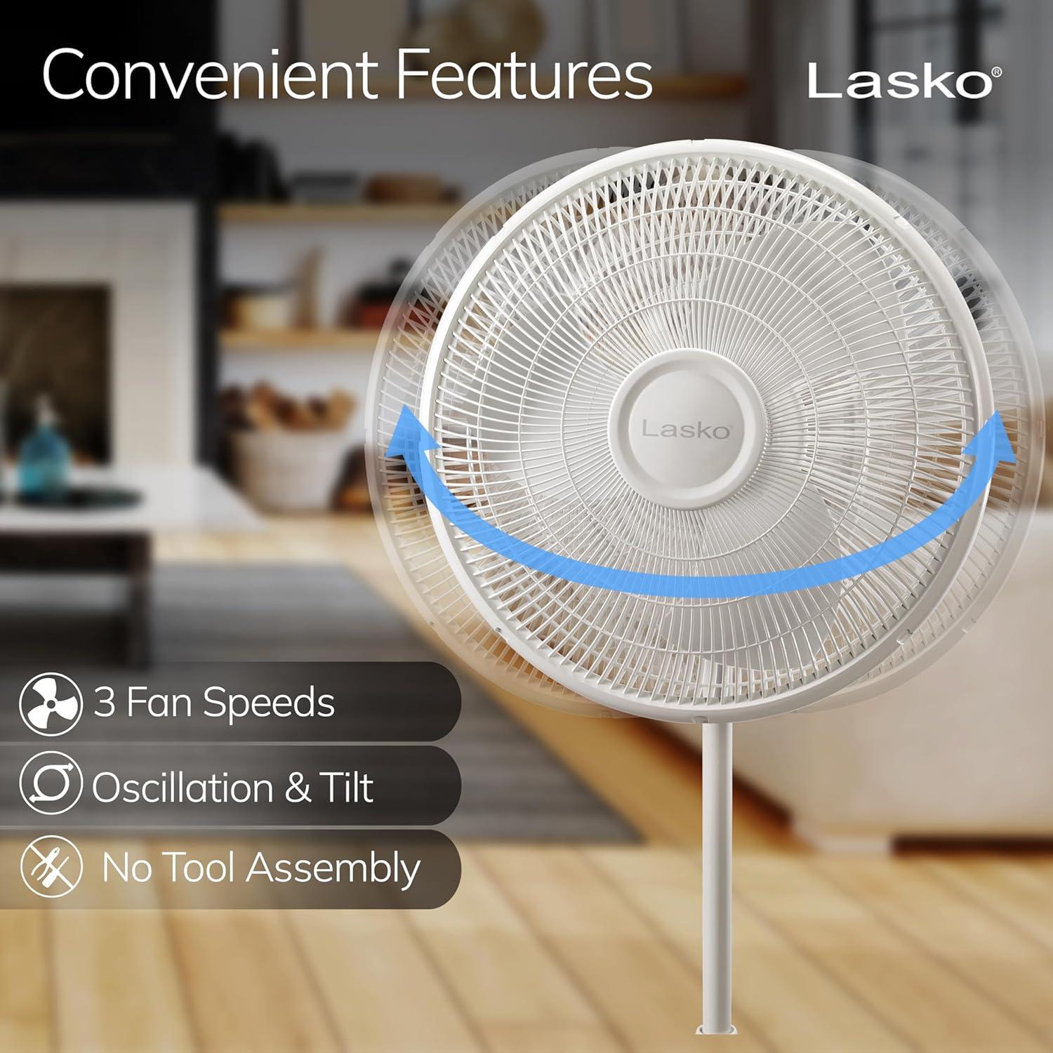 image:imageLasko 2520 16 Inch 3Speed Quiet Adjustable Tilting WideArea Oscillating Standing Pedestal Fan for Bedroom Kitchen Home and Office White
