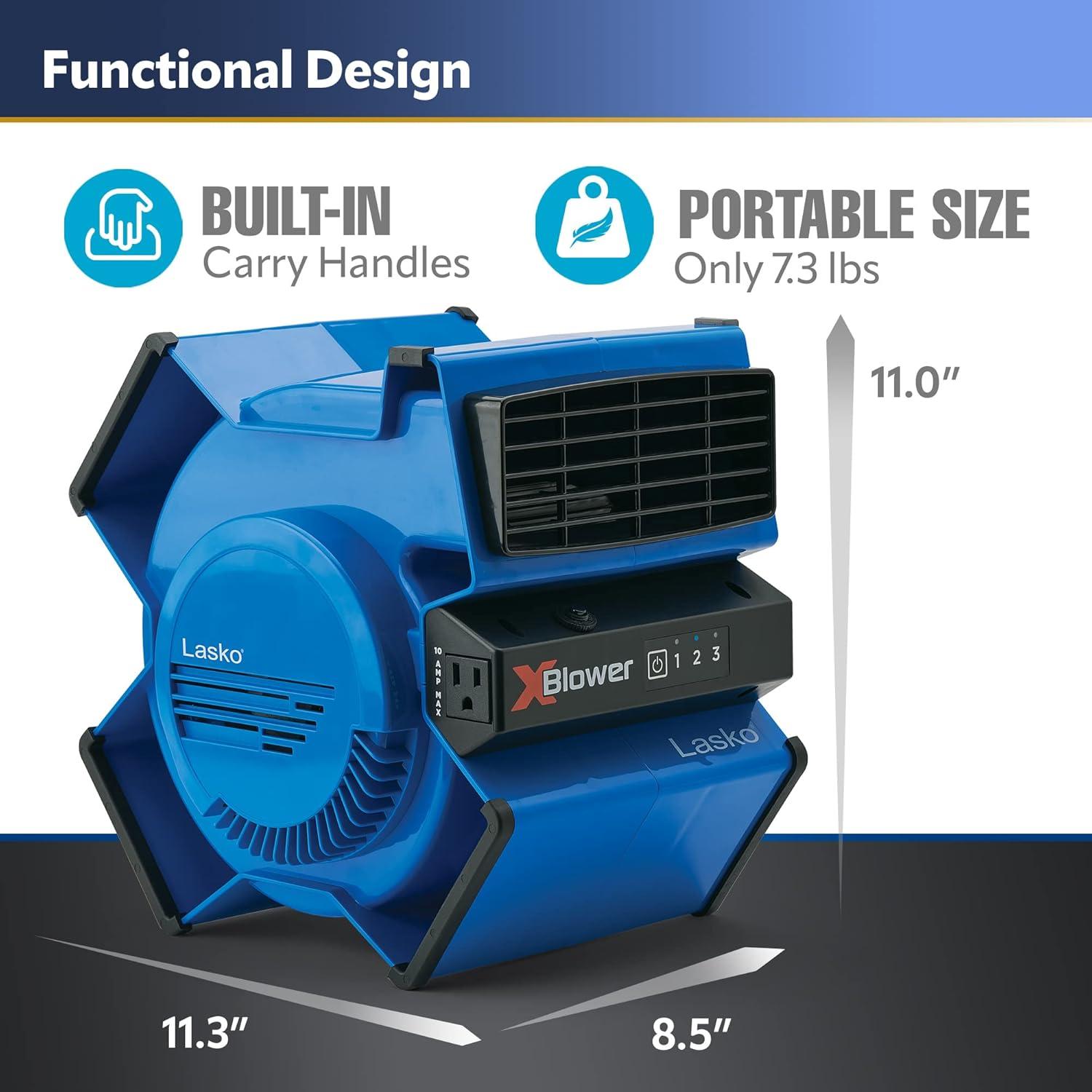 image:imageLasko XBlower High Velocity Pivoting Utility Blower Fan for Cooling Ventilating Exhausting and Drying 6 Position 3Speed Floor Fan with AC Outlet Circuit Breaker USB Port 11x9x12 Blue X12905Fan