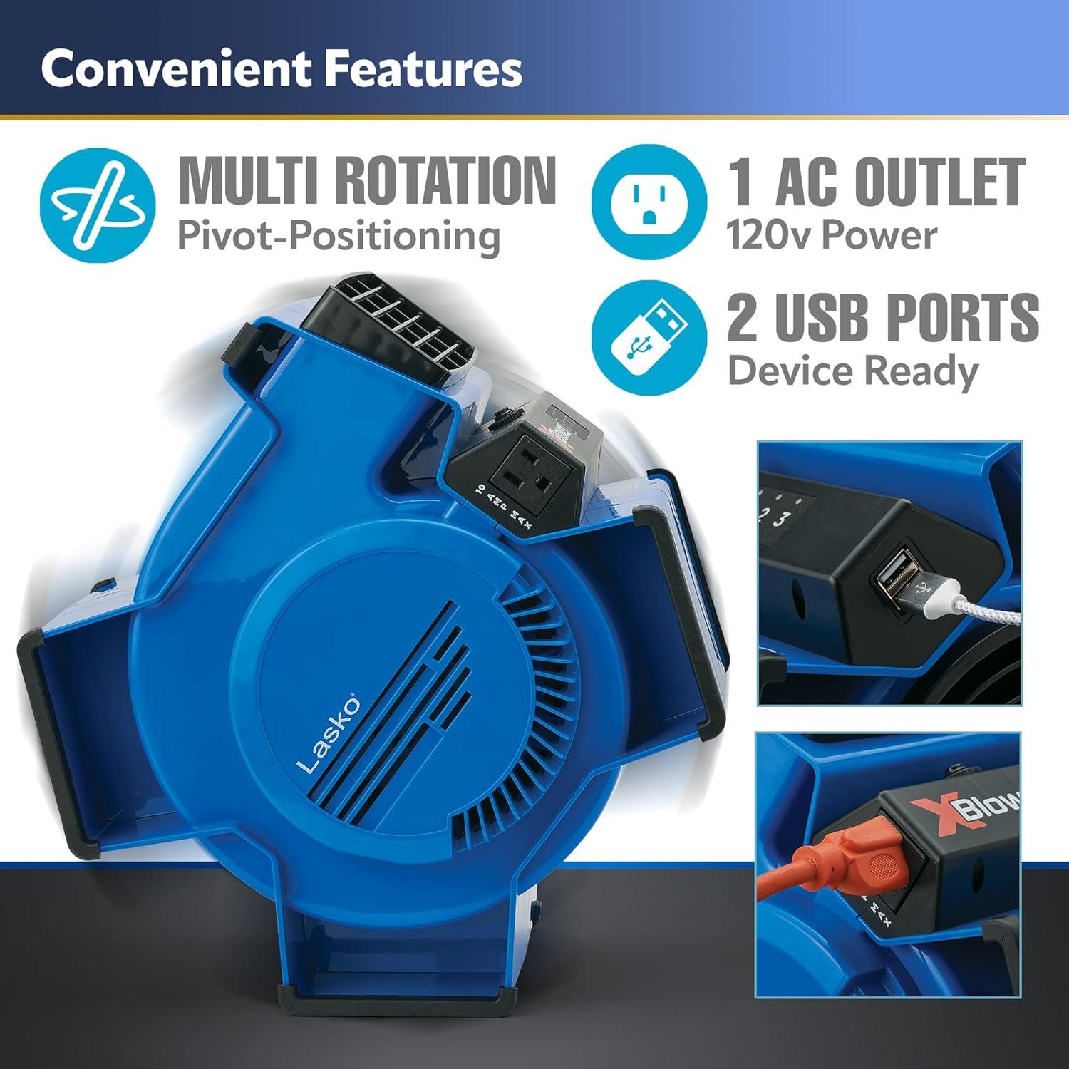 image:imageLasko XBlower High Velocity Pivoting Utility Blower Fan for Cooling Ventilating Exhausting and Drying 6 Position 3Speed Floor Fan with AC Outlet Circuit Breaker USB Port 11x9x12 Blue X12905Fan
