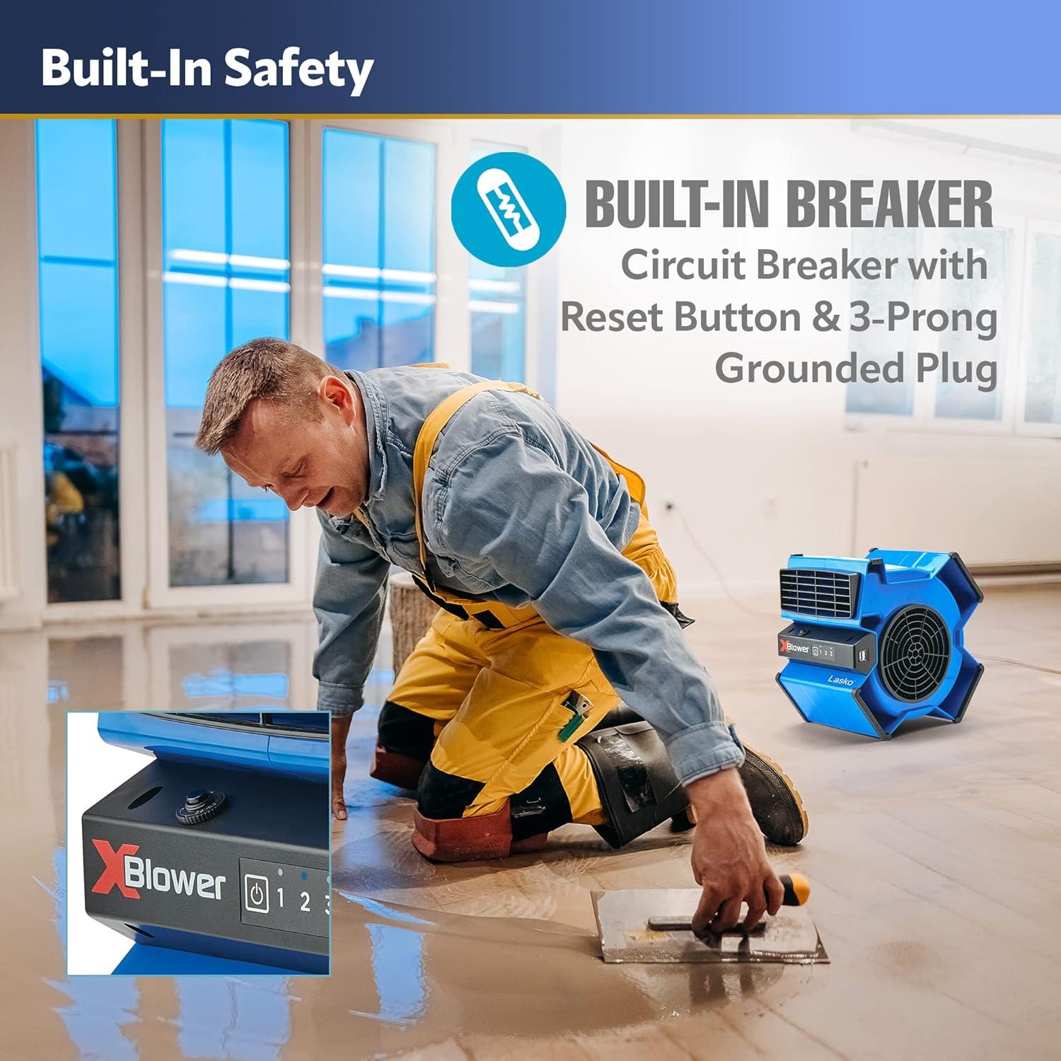 image:imageLasko XBlower High Velocity Pivoting Utility Blower Fan for Cooling Ventilating Exhausting and Drying 6 Position 3Speed Floor Fan with AC Outlet Circuit Breaker USB Port 11x9x12 Blue X12905Fan