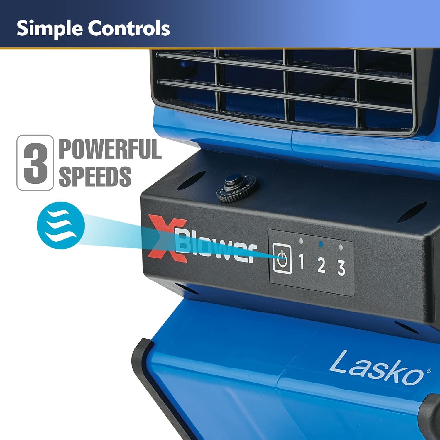 image:imageLasko XBlower High Velocity Pivoting Utility Blower Fan for Cooling Ventilating Exhausting and Drying 6 Position 3Speed Floor Fan with AC Outlet Circuit Breaker USB Port 11x9x12 Blue X12905Fan