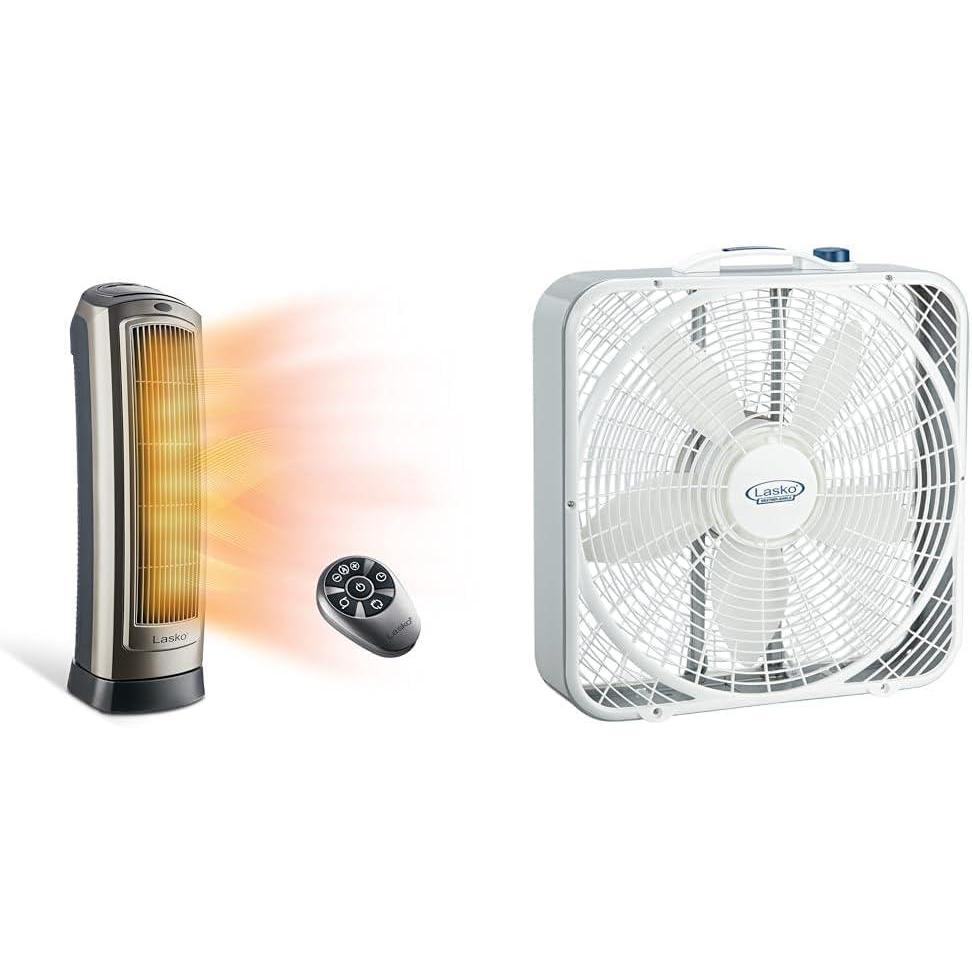 image:imageLasko Oscillating Digital Ceramic Tower Heater for Home with Adjustable Thermostat amp 20 WeatherShield Performance Box FanFeatures Innovative Wind Ring System for Up to 30 More Air 20 Inch 3720