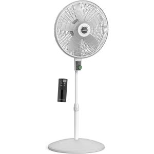 Lasko EcoQuiet Oscillating Pedestal Fan with Whisper Quiet DC Motor, 12 Speeds, 8 Hour Timer, Adjustable Height, Remote Control, White, S18705, Large(White)