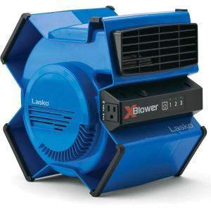 Lasko X-Blower High Velocity Pivoting Utility Blower Fan for Cooling, Ventilating, Exhausting, and Drying, 6 Position 3-Speed Floor Fan with AC Outlet, Circuit Breaker, USB Port, 11x9x12, Blue, X12905(Fan)