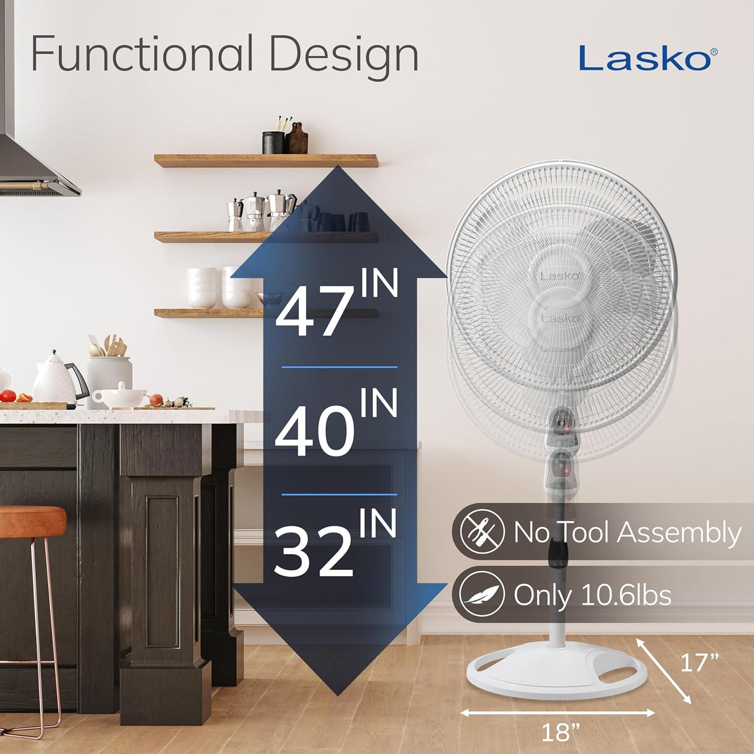 image:imageLasko Oscillating Adjustable Pedestal Stand Fan with Timer and Remote for Indoor Bedroom Living Room Home Office amp College Dorm Use 16 Inch White 1646White