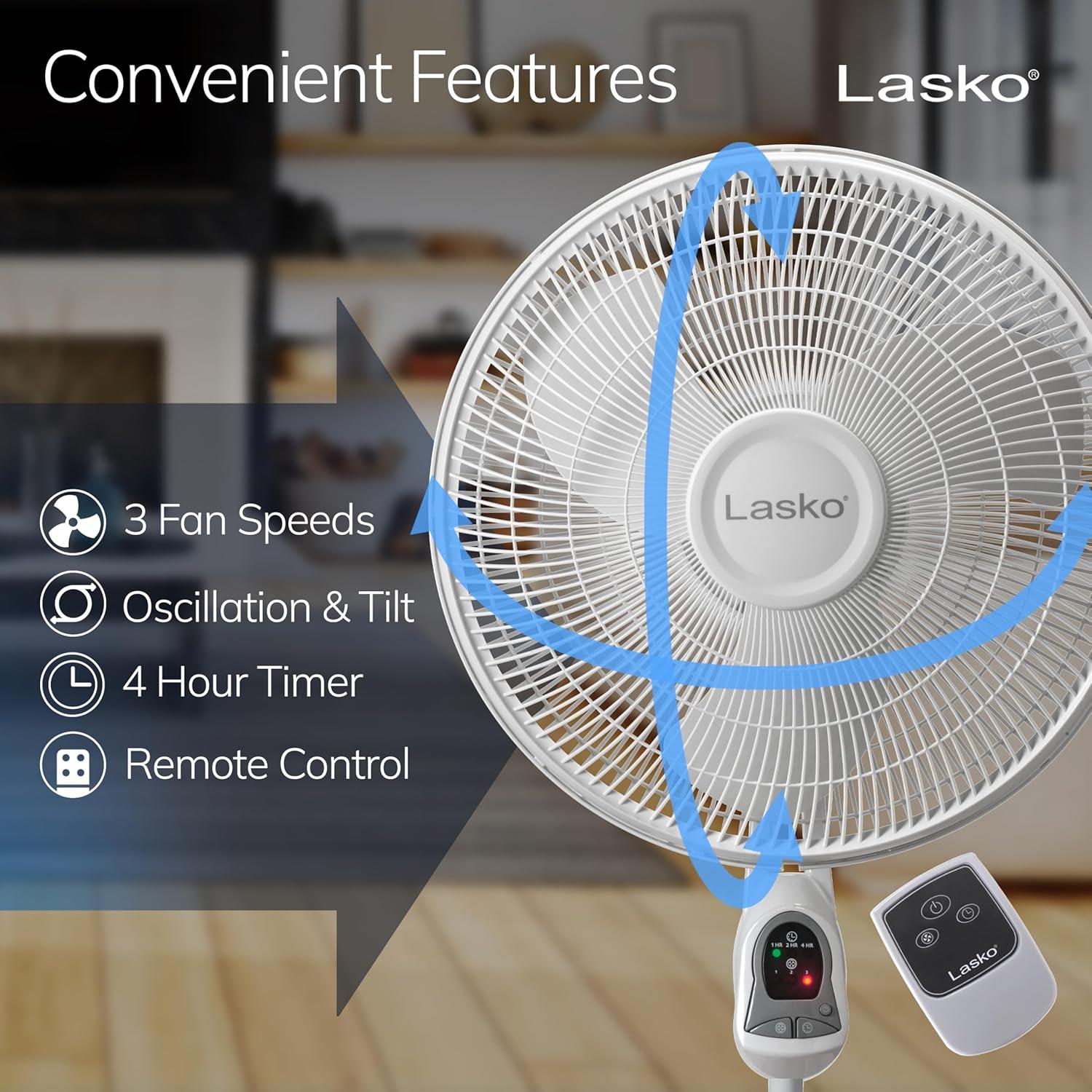 image:imageLasko Oscillating Adjustable Pedestal Stand Fan with Timer and Remote for Indoor Bedroom Living Room Home Office amp College Dorm Use 16 Inch White 1646White