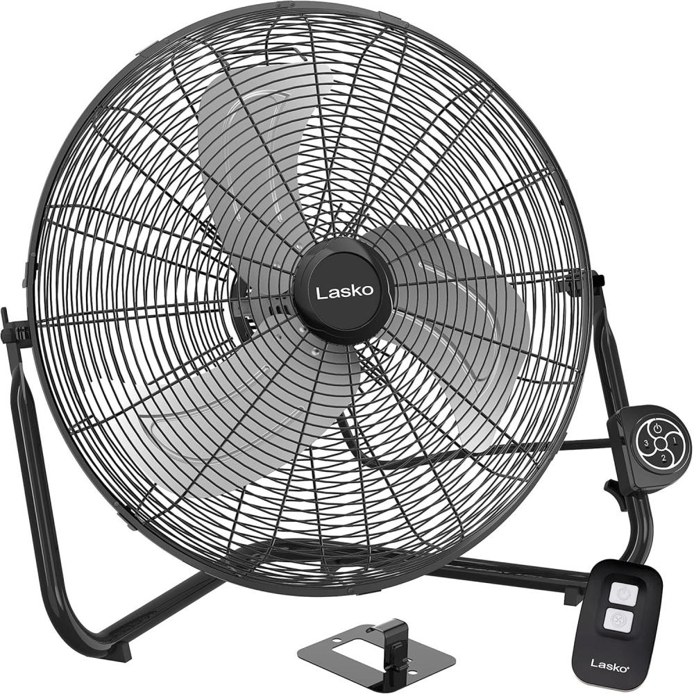 image:imageLasko 20 Black High Velocity Wall Mount Fan with Pivoting Head  3 Speeds Remote Control Ideal Wall Mount Fan or Floor Fan for Home Garage Attic H20660Black