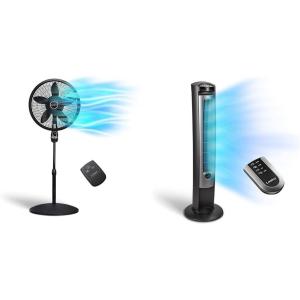 Lasko Oscillating Pedestal Fan, Remote, 3 Speeds, 18″, Black, 1843 & Quiet Oscillating Tower Fan, Remote, 3-Speed, 42”, Silver, T42951