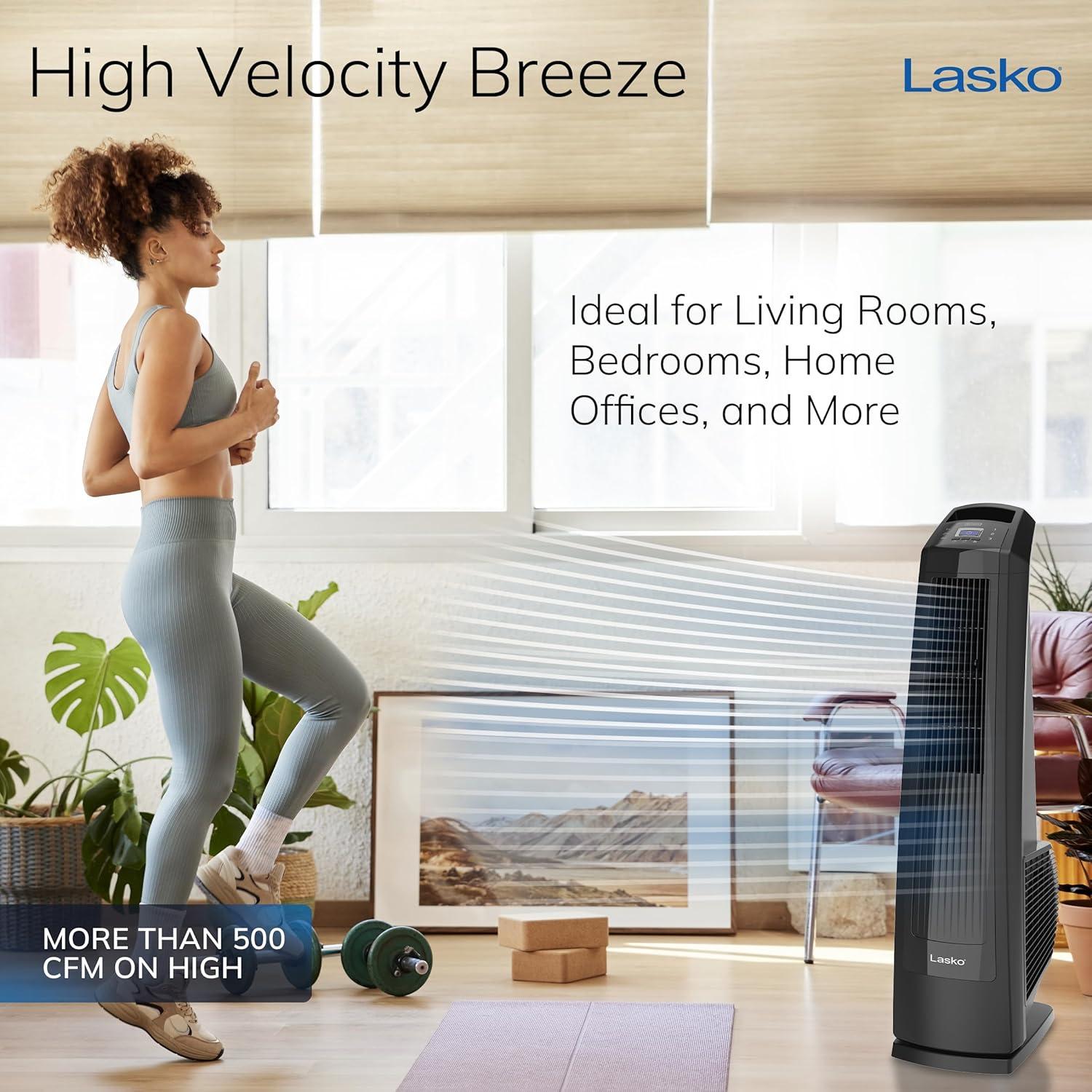 image:imageLasko High Velocity Oscillating Tower Fan 3 Powerful Speeds Timer Adjustable Directional Louvers Remote Control For Bedroom Basement Garage Use Black 35 U35122
