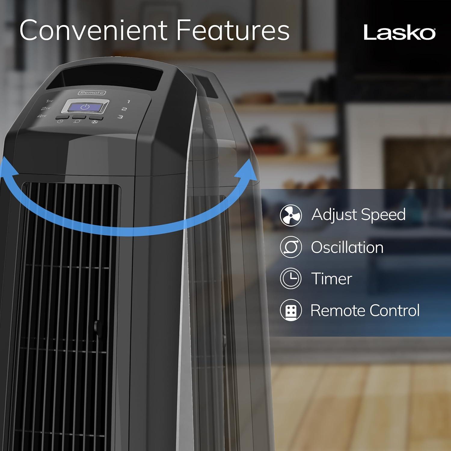 image:imageLasko High Velocity Oscillating Tower Fan 3 Powerful Speeds Timer Adjustable Directional Louvers Remote Control For Bedroom Basement Garage Use Black 35 U35122