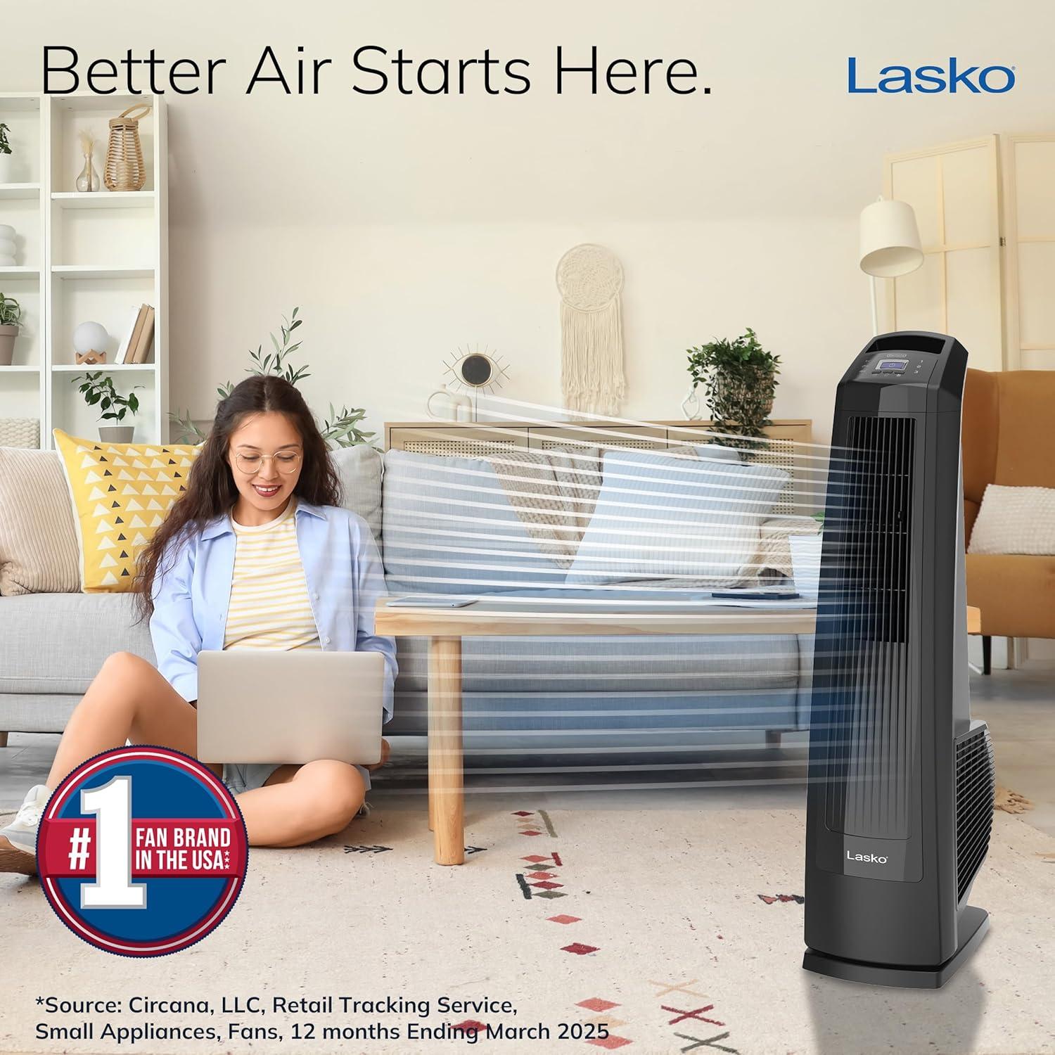 image:imageLasko High Velocity Oscillating Tower Fan 3 Powerful Speeds Timer Adjustable Directional Louvers Remote Control For Bedroom Basement Garage Use Black 35 U35122