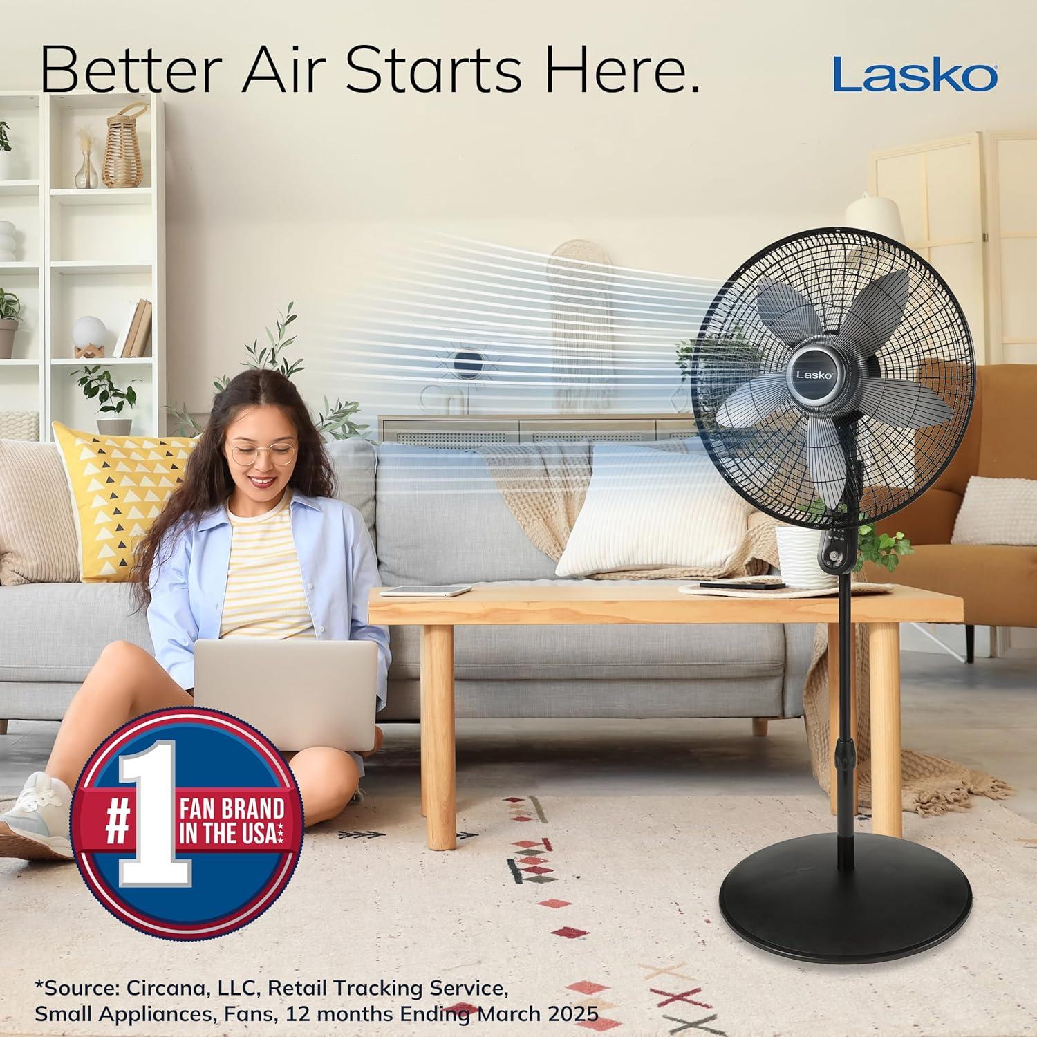 image:imageLasko Oscillating Pedestal Fan Adjustable Height Timer Remote Control 4 Speeds Floor Fans for Home Bedroom Living Room and Home Office 20 Black S20620