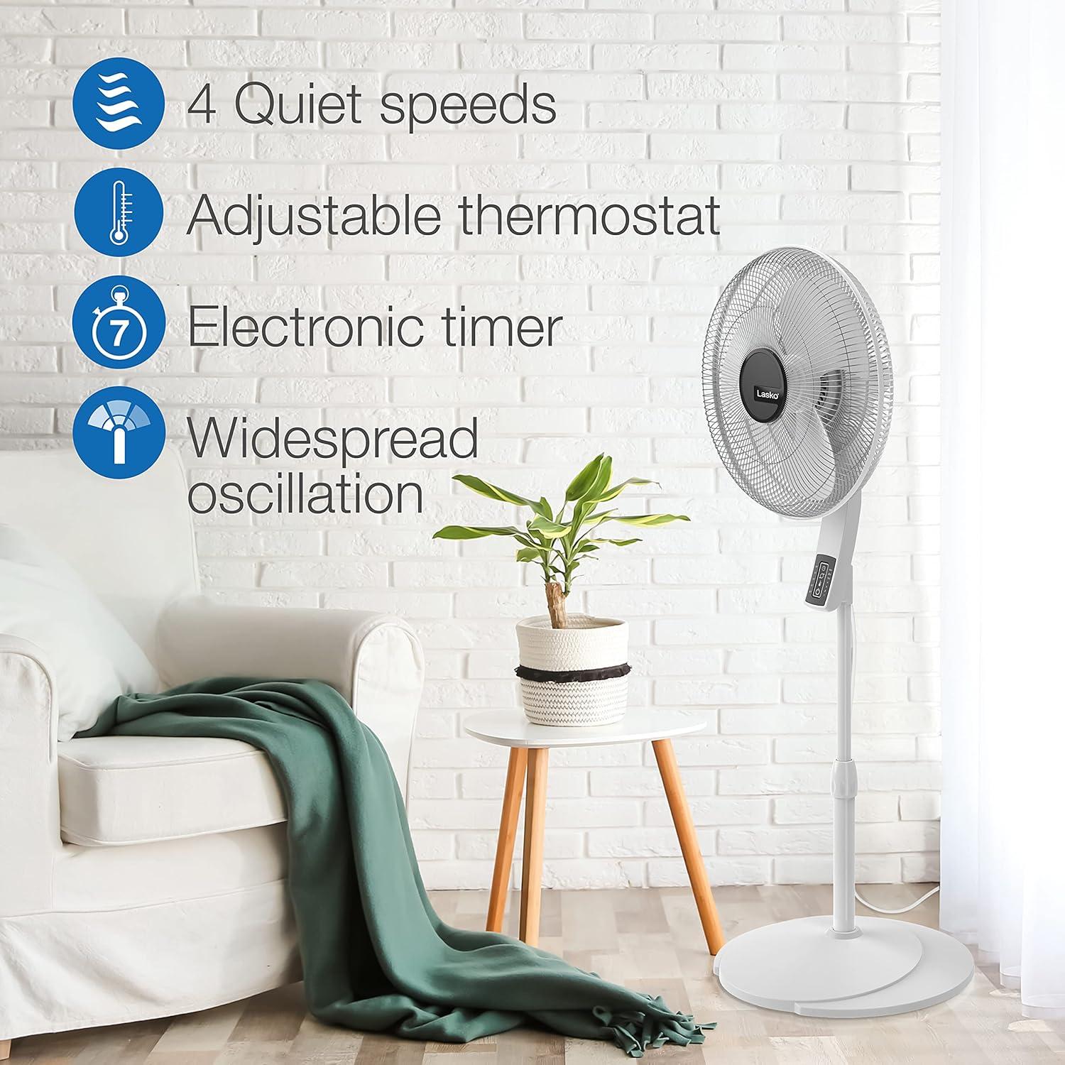 image:imageLasko Oscillating Pedestal Fan Thermostat Adjustable Height Remote Control Timer 4 Speeds for Bedroom Living Room Office amp Dorm 16 White S16614White